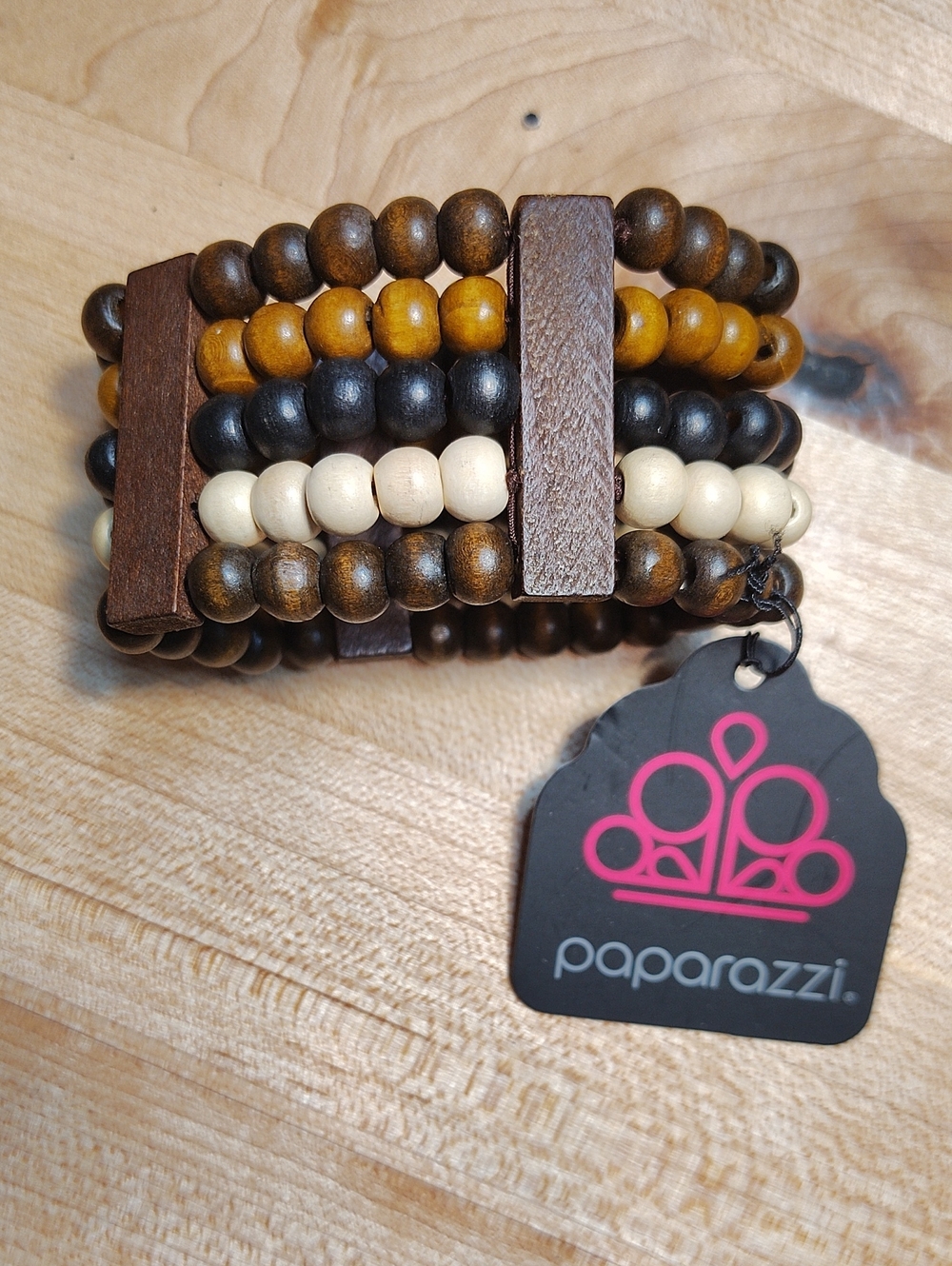 paparazzi Womens Stacked Wood Bead Bracelet — Brown, Black, Cream, Chocolate